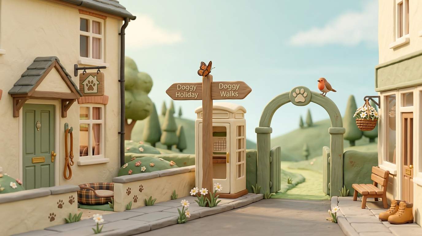 Claymation village street with a signpost pointing two ways — Doggy Holiday and Doggy Walks — beside a phone box, an arched gate and rolling hills