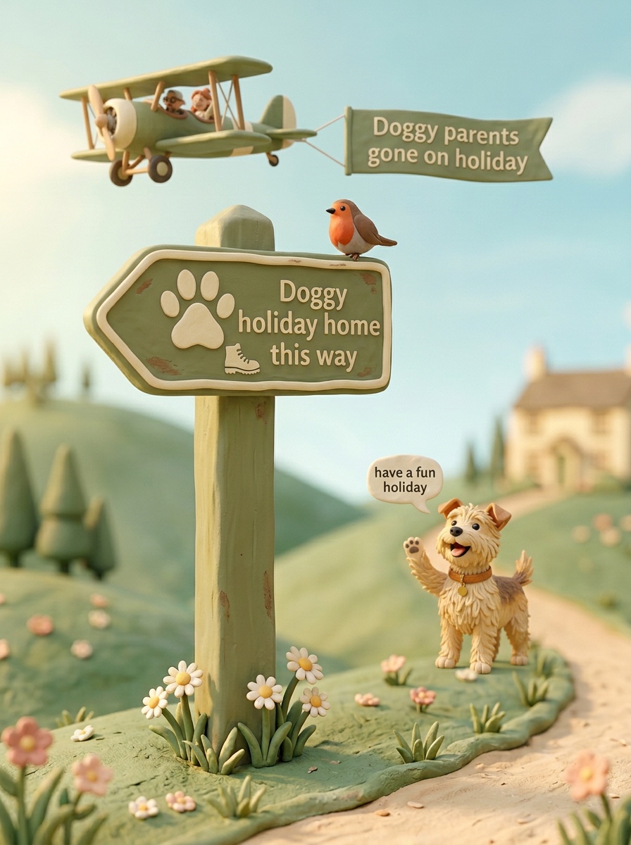 Claymation signpost pointing left — Doggy holiday home this way — with a biplane towing a 'Doggy parents gone on holiday' banner and a waving terrier