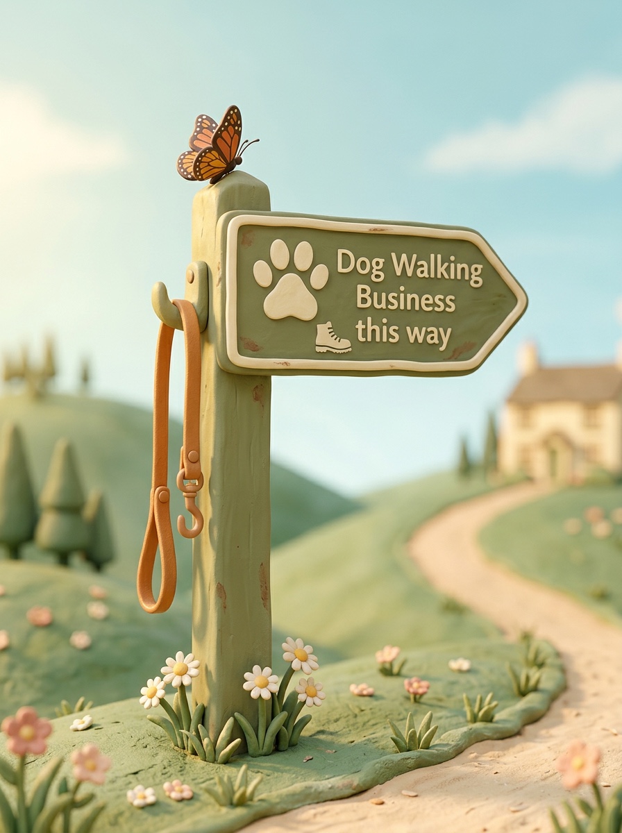 Claymation signpost in green hills pointing right — Dog Walking Business this way — with a lead hanging from the post
