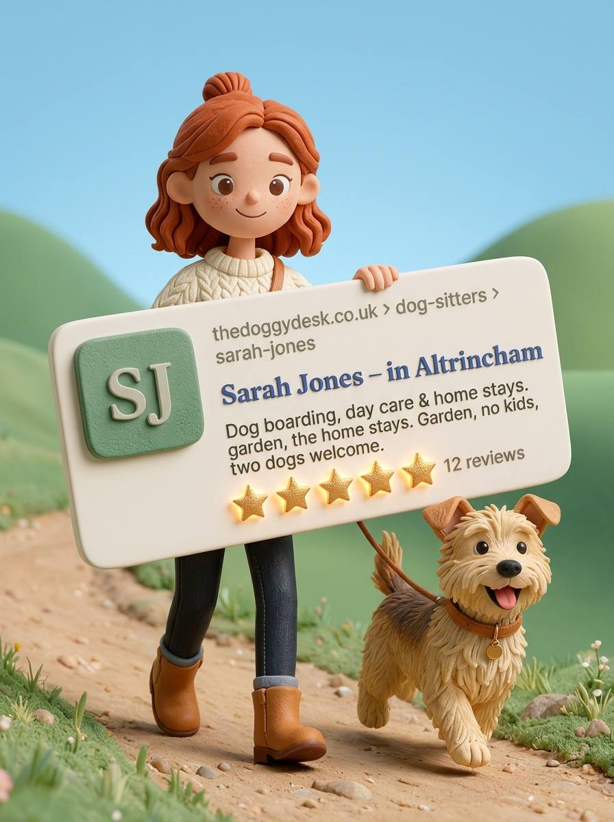 Dog sitter holding a giant Google search result card — Sarah Jones in Altrincham, five stars, 12 reviews, on thedoggydesk.co.uk