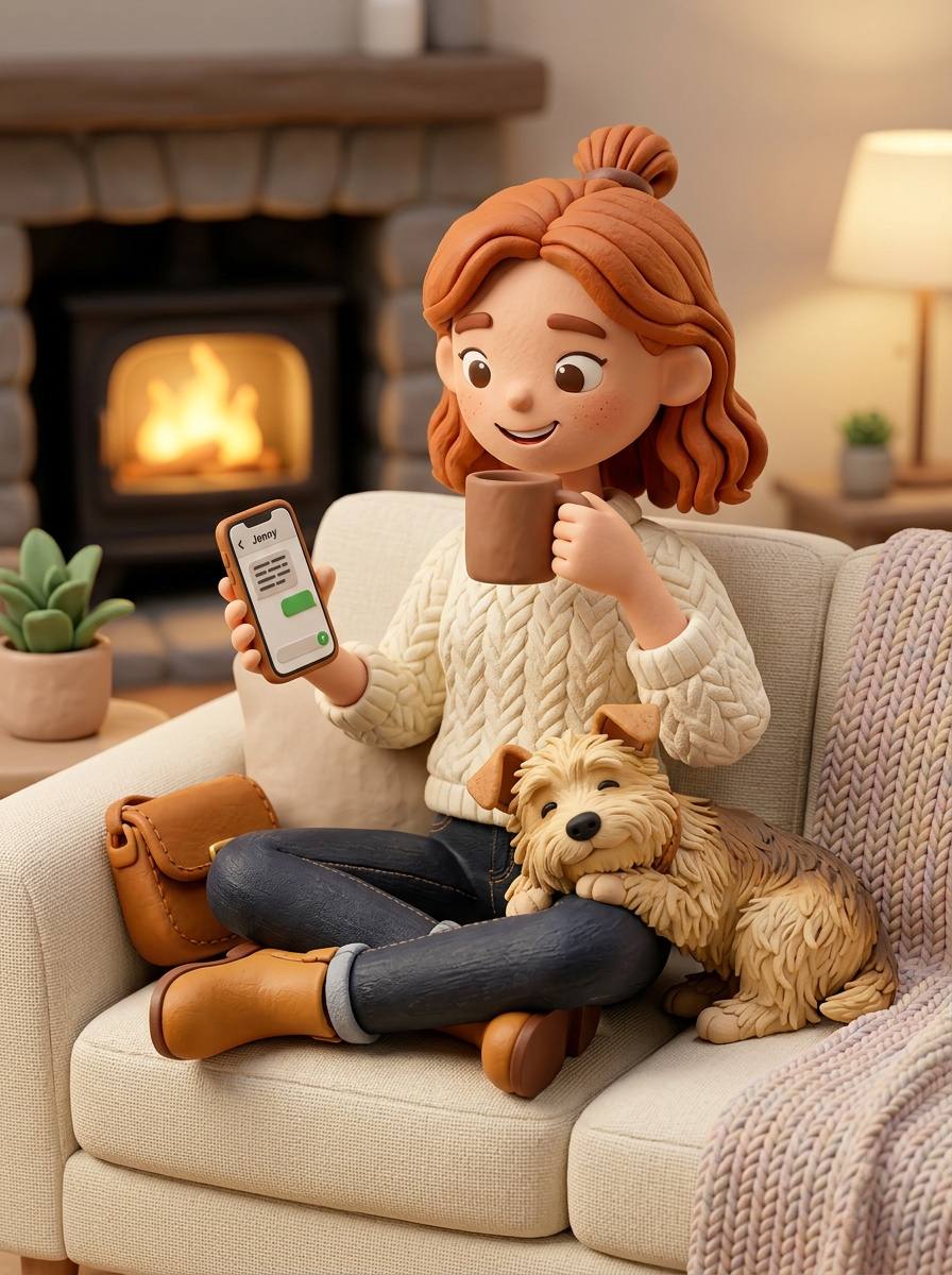 Sitter relaxing by the fire with her dog, replying to a client's message on her phone