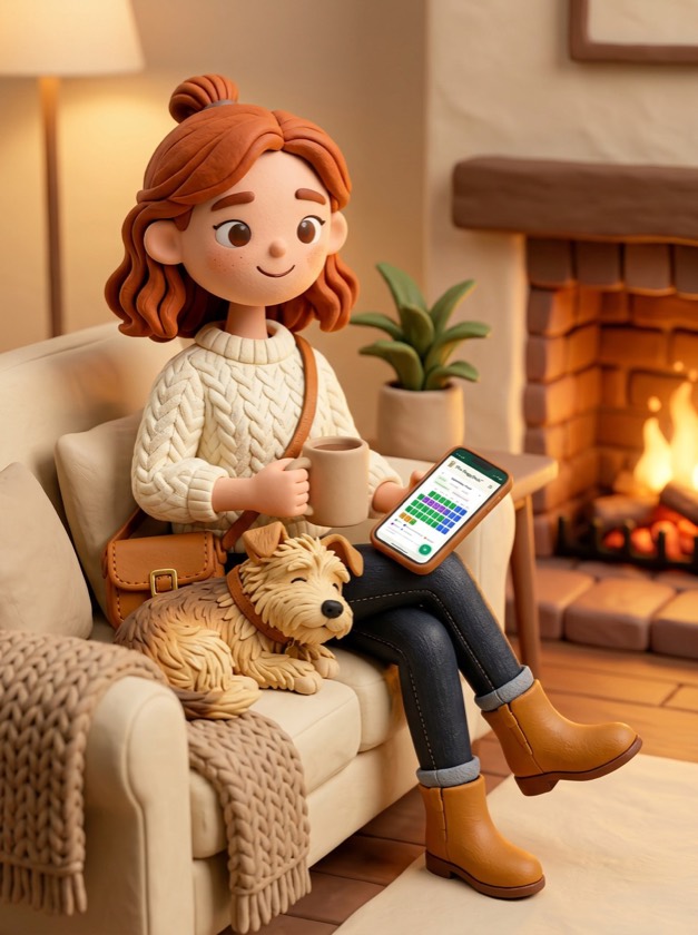 Claymation dog sitter relaxing on a sofa by the fire with a scruffy terrier asleep on her lap, her DoggyDesk booking calendar open on the phone beside her