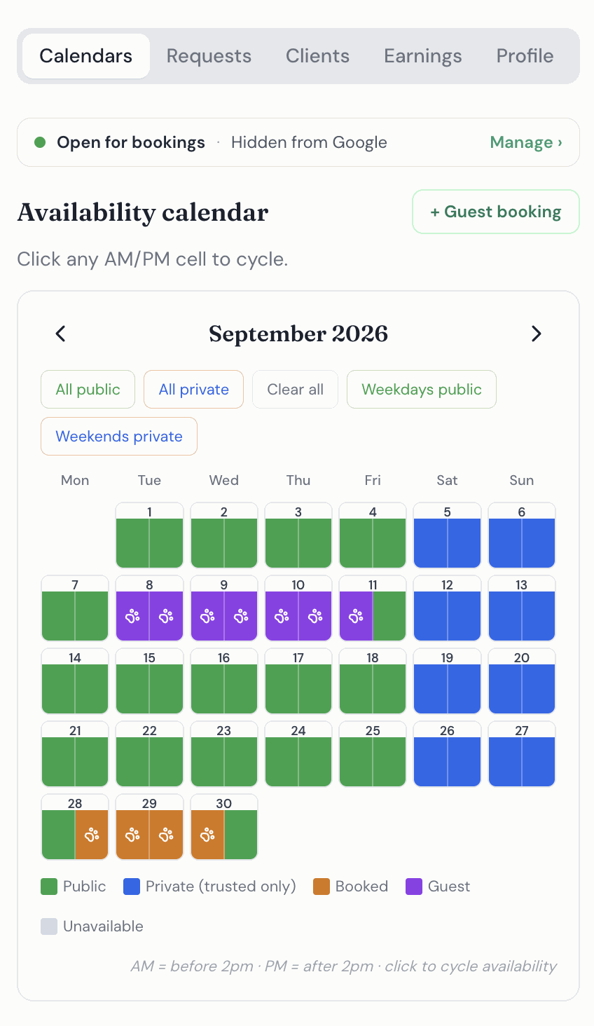 Boarding sitter's availability calendar — green public weekdays, blue private trusted-only weekends, purple guest bookings and orange online bookings