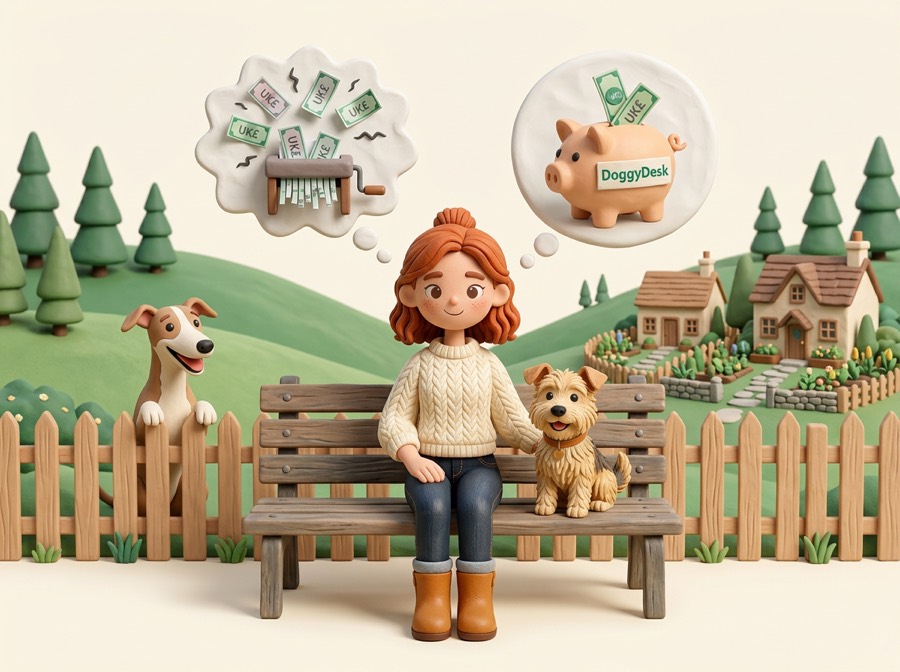 Claymation dog sitter on a park bench with a terrier, imagining her money going through a shredder on a marketplace versus into a DoggyDesk piggy bank