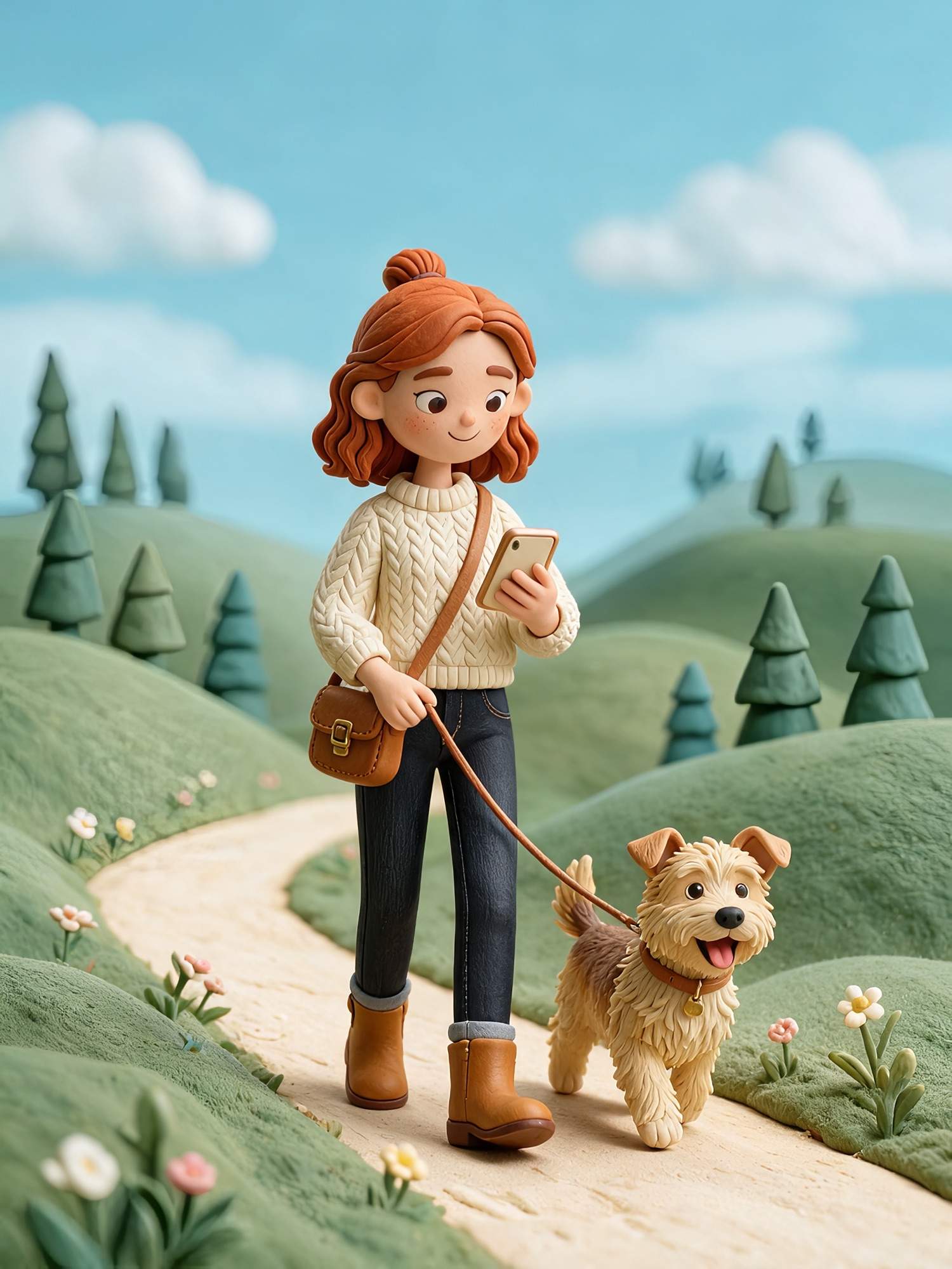 Dog walker glancing at her phone while walking a happy terrier along a path through green hills